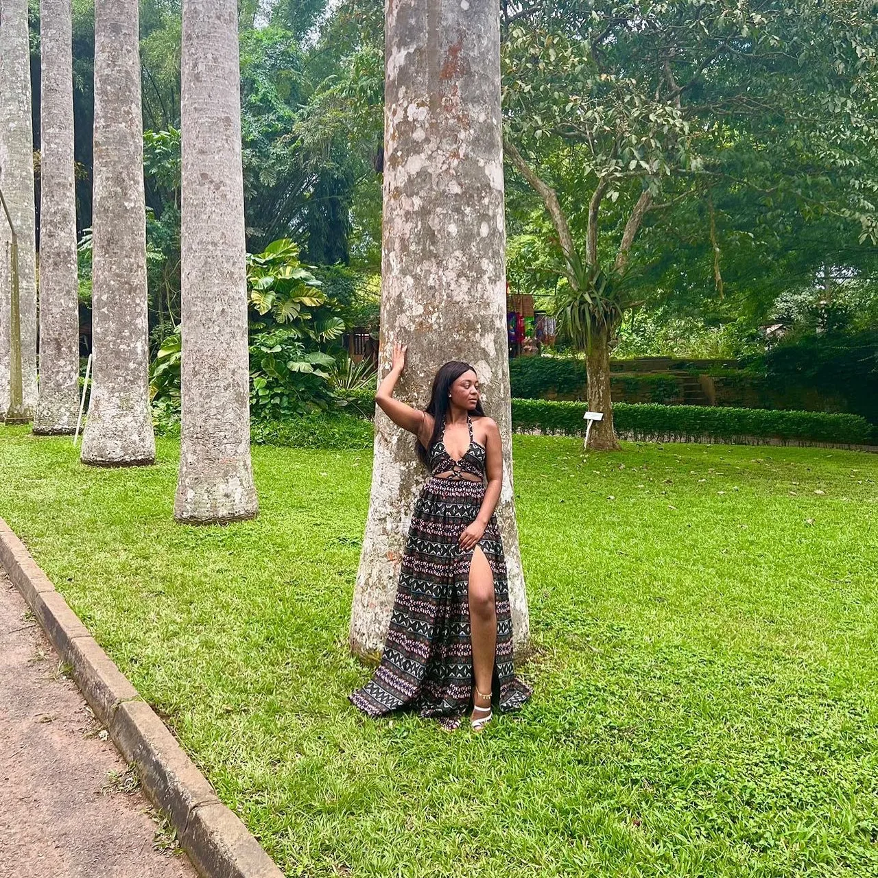 Forest-patterned dress portrait